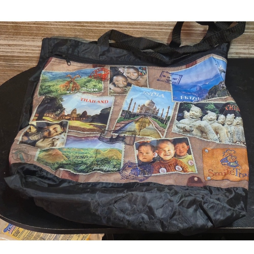 Smile Train Global Travel Tote Bag Black Zippered Souvenir World Landmarks 15x15